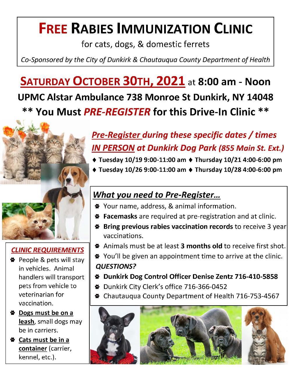 City of Dunkirk Hosting Rabies Vaccination Clinic on October 30th